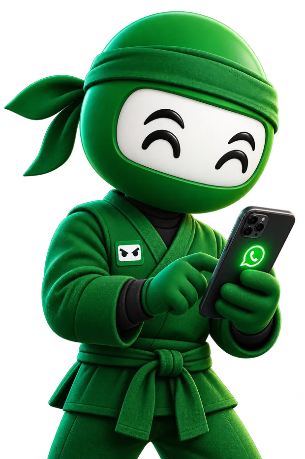 Mascote do BotNinja com um celular na mão